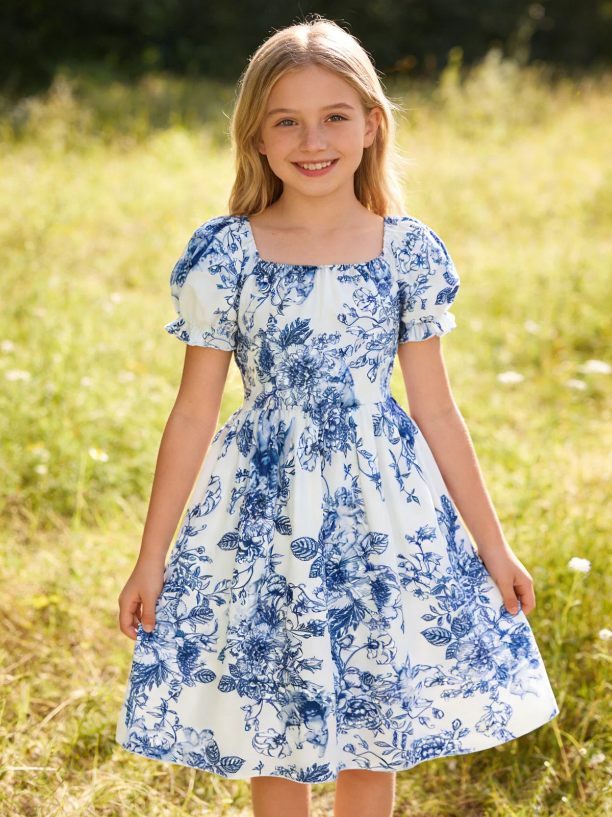 Robe à manches courtes à bulles pour filles, robe florale élégante et à la mode pour les activités et les fêtes de loisirs en plein air d'été