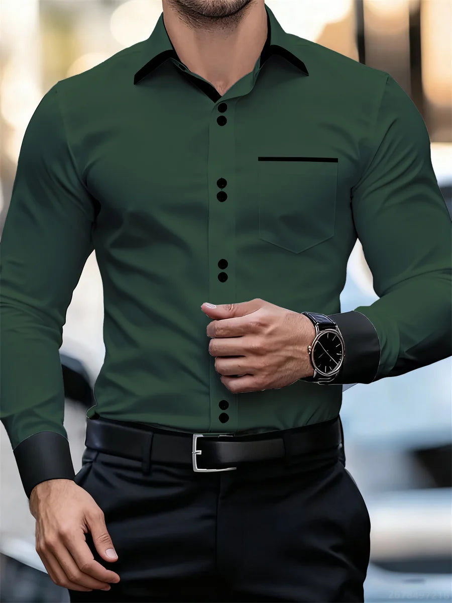 Chemise à manches longues à col bloc de couleur pour hommes d'affaires, coupe ajustée, sans plis, chemise Patchwork noir et blanc, haut tendance pour hommes