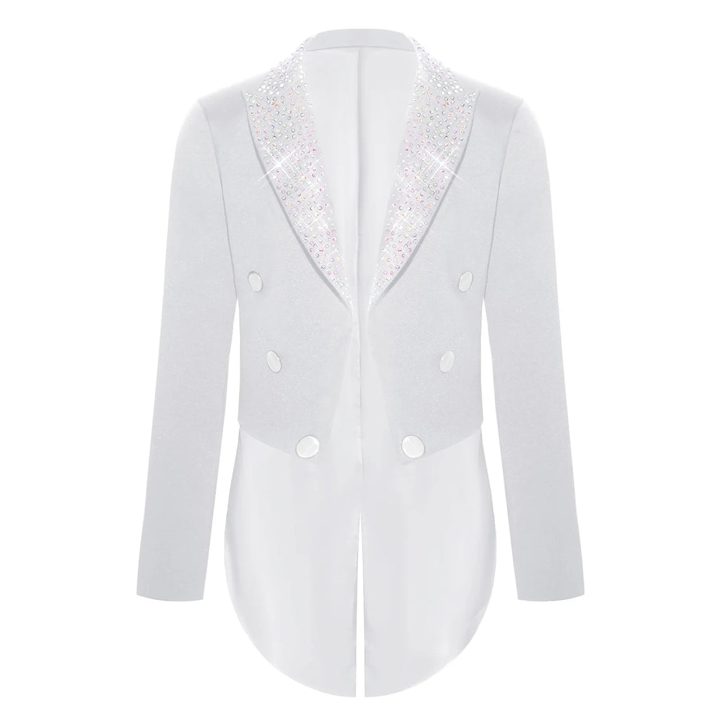 Veste de smoking pour garçons, style gentleman, à revers, ornée de strass, à manches longues, ouverte sur le devant, pour fêtes et mariages