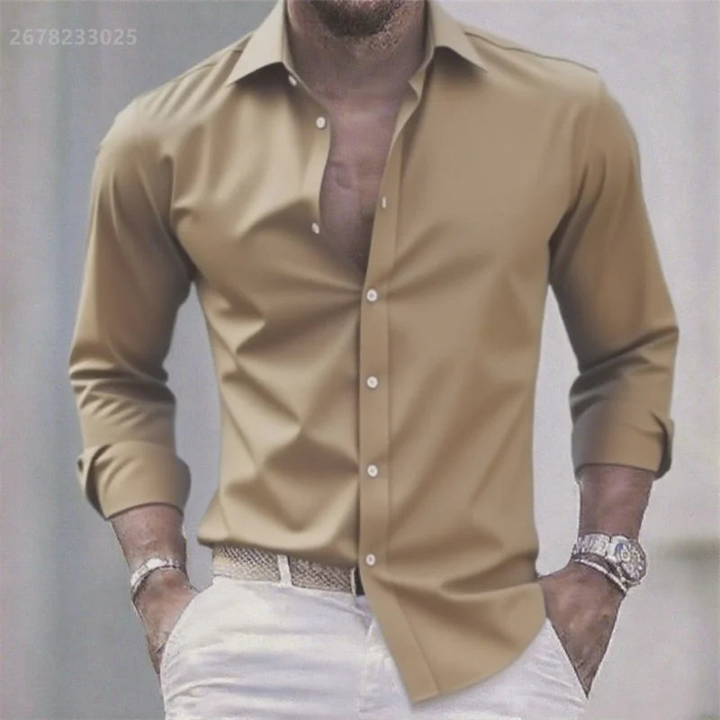 Chemise blanche décontractée pour homme, couleur unie, tissu extensible à manches longues, chemise formelle pour affaires, tissu confortable
