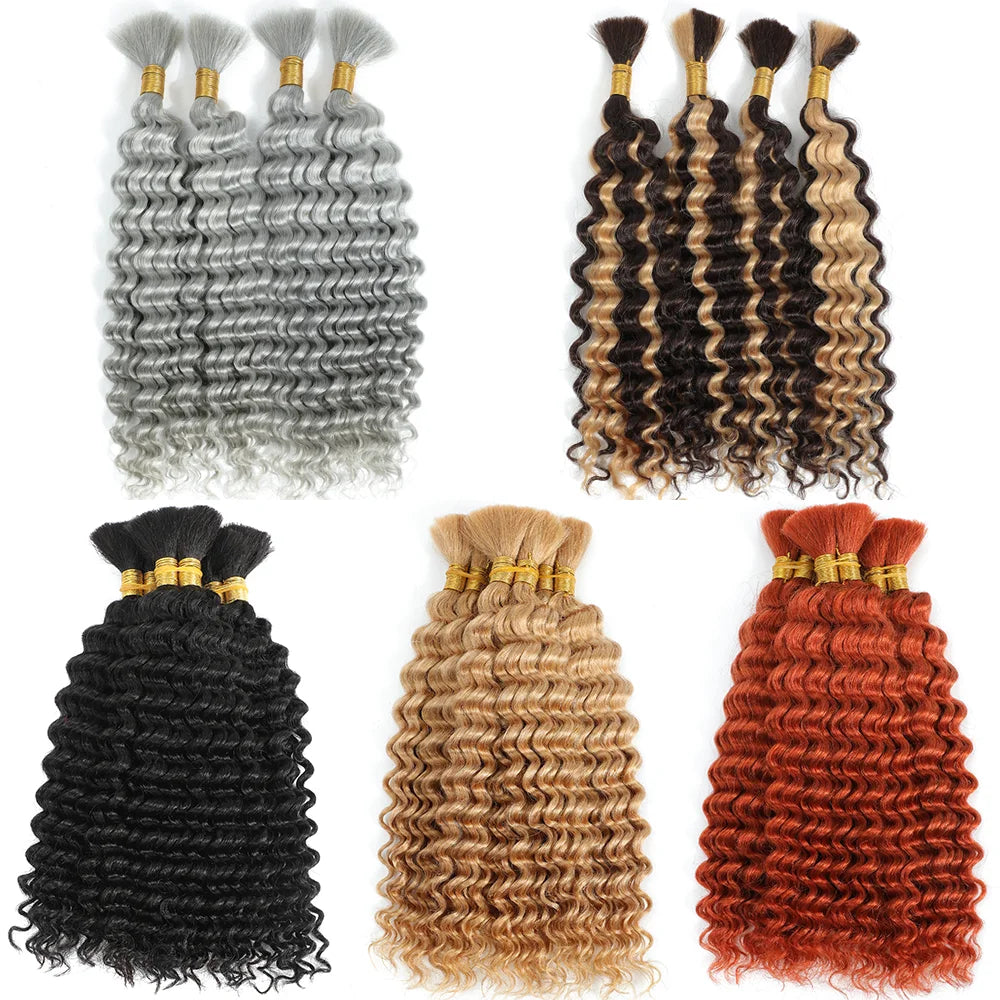 2 lots de cheveux humains à tresser pour tresses bohèmes, 14 pouces 100g 10A Cheveux humains brésiliens vierges en vrac à ondulations profondes pour tressage