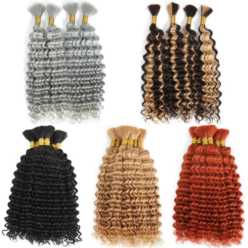 2 lots de cheveux humains à tresser pour tresses bohèmes, 14 pouces 100g 10A Cheveux humains brésiliens vierges en vrac à ondulations profondes pour tressage