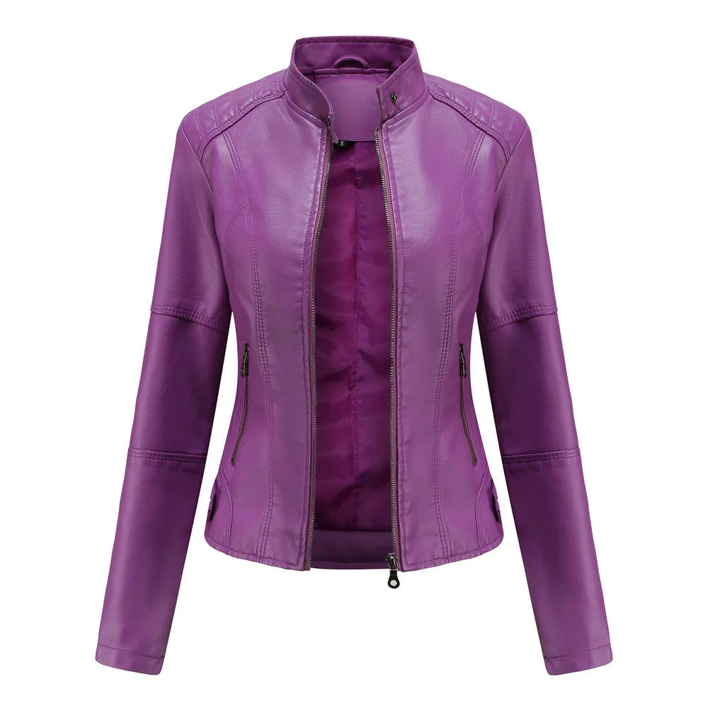 Blouson en cuir slim pour femme avec col montant, style motard, fermeture éclair noire, idéal pour l'extérieur en automne