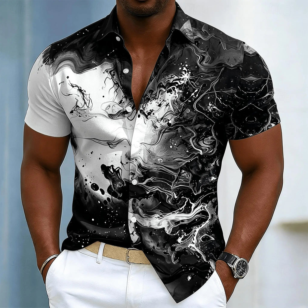 Chemise à manches courtes pour homme avec imprimé encre tourbillonnante, motif abstrait fluide décontracté à boutons pour le printemps et l'été
