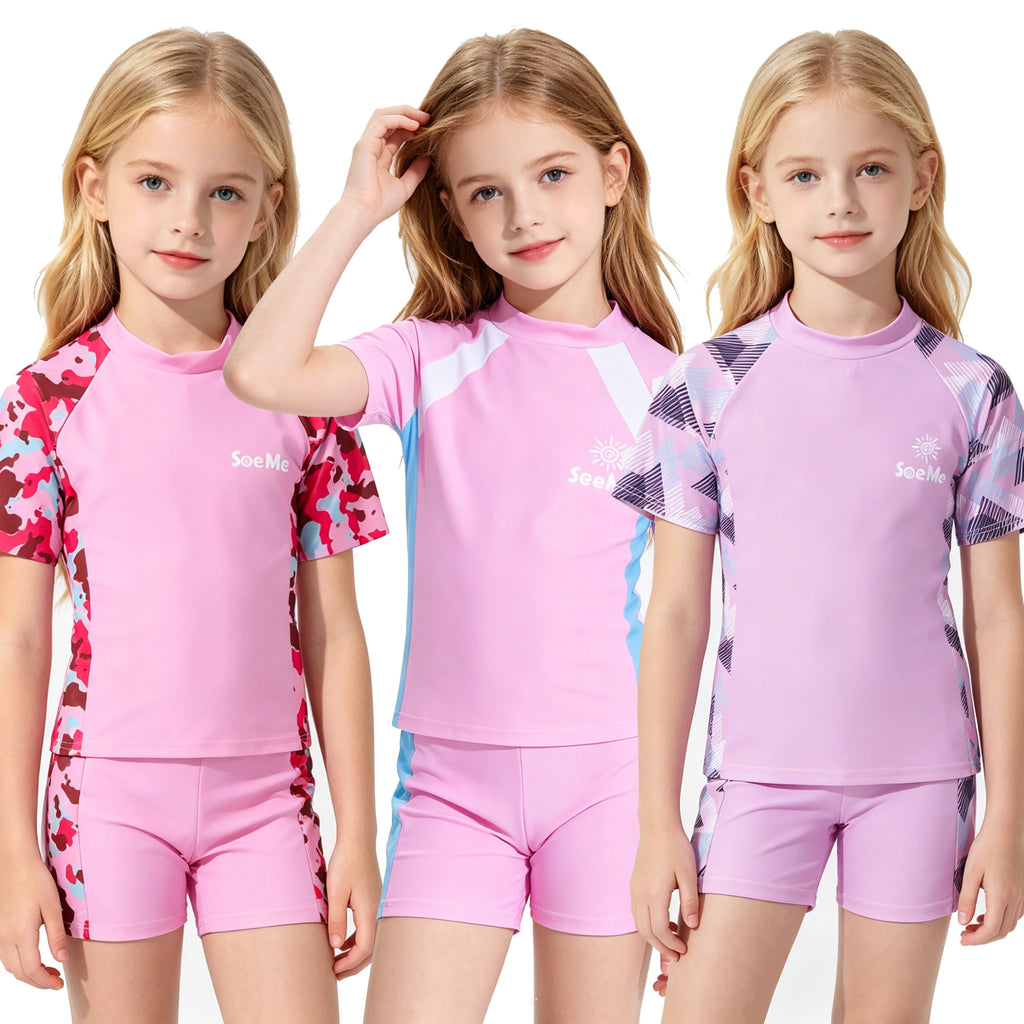 Maillot de bain rose pour filles, ensemble de maillots de bain pour enfants en bas âge, 2 pièces, manches courtes, costume de bain mignon pour enfants de 3 4 5 6 7 8 9 10 ans