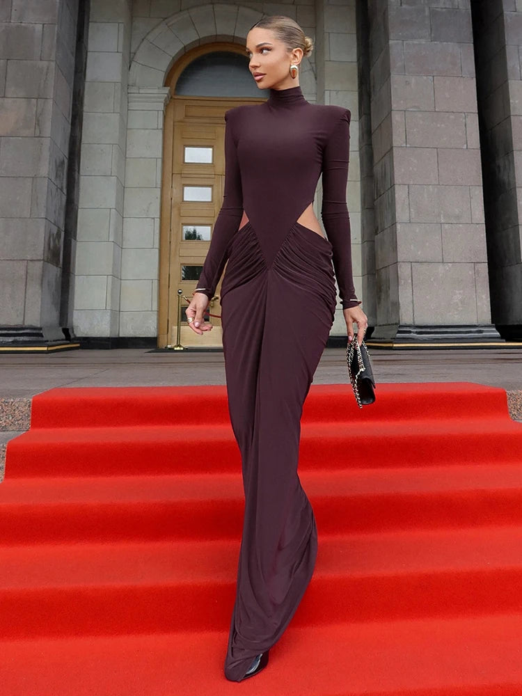 Nibber Hipster Waistless Ruché Élégante Robe Femme Automne Style Col Roulé À Manches Pleines Creuses Conception Prom Partie Longue Moulante