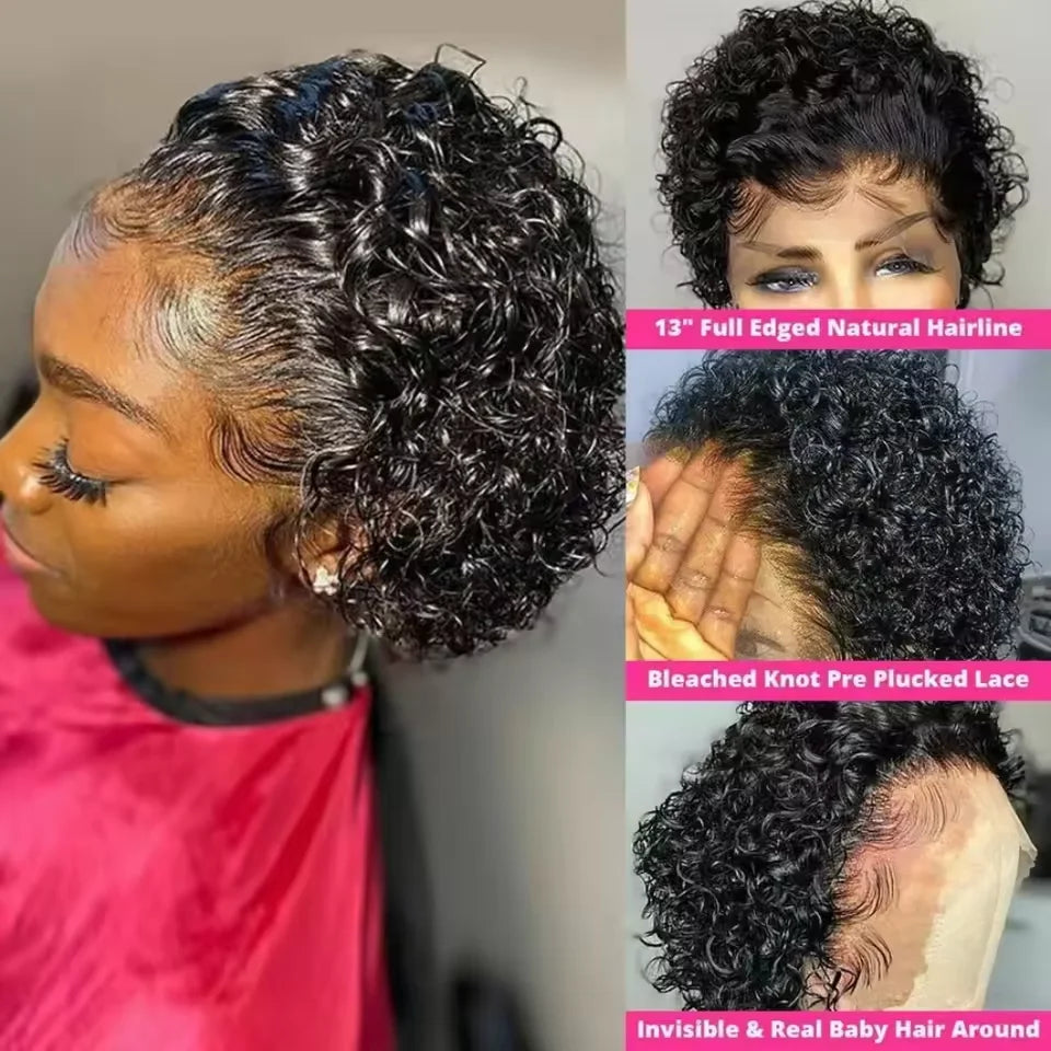 Perruques coupe lutin cheveux humains courts bouclés avant de lacet perruques de cheveux humains brésilien 13x1 perruques de dentelle transparente vague d'eau Bob perruque