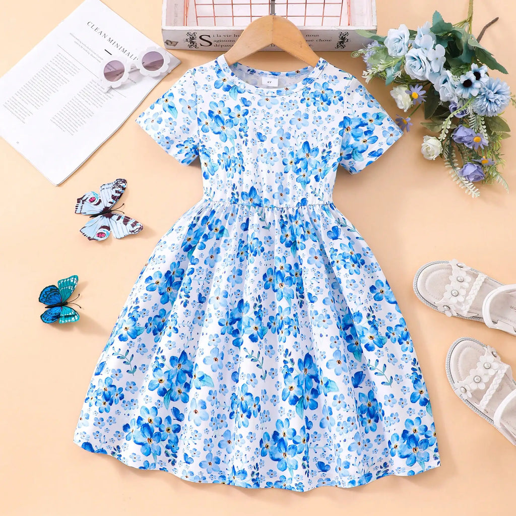 Robe à manches courtes pour filles, col rond, motif Floral bleu, vêtements pour enfants de 2 à 7 ans, tenue d'été décontractée
