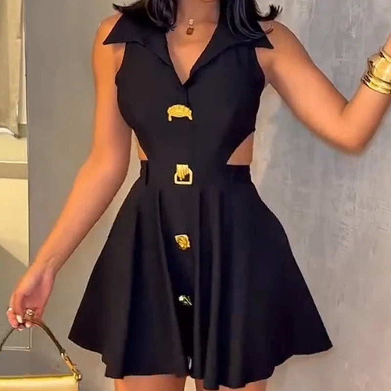 Robe plissée d'été, couleur unie, taille haute, bureau, bouton à revers, ligne a, Sexy, ajourée, sans manches, Slim, courte