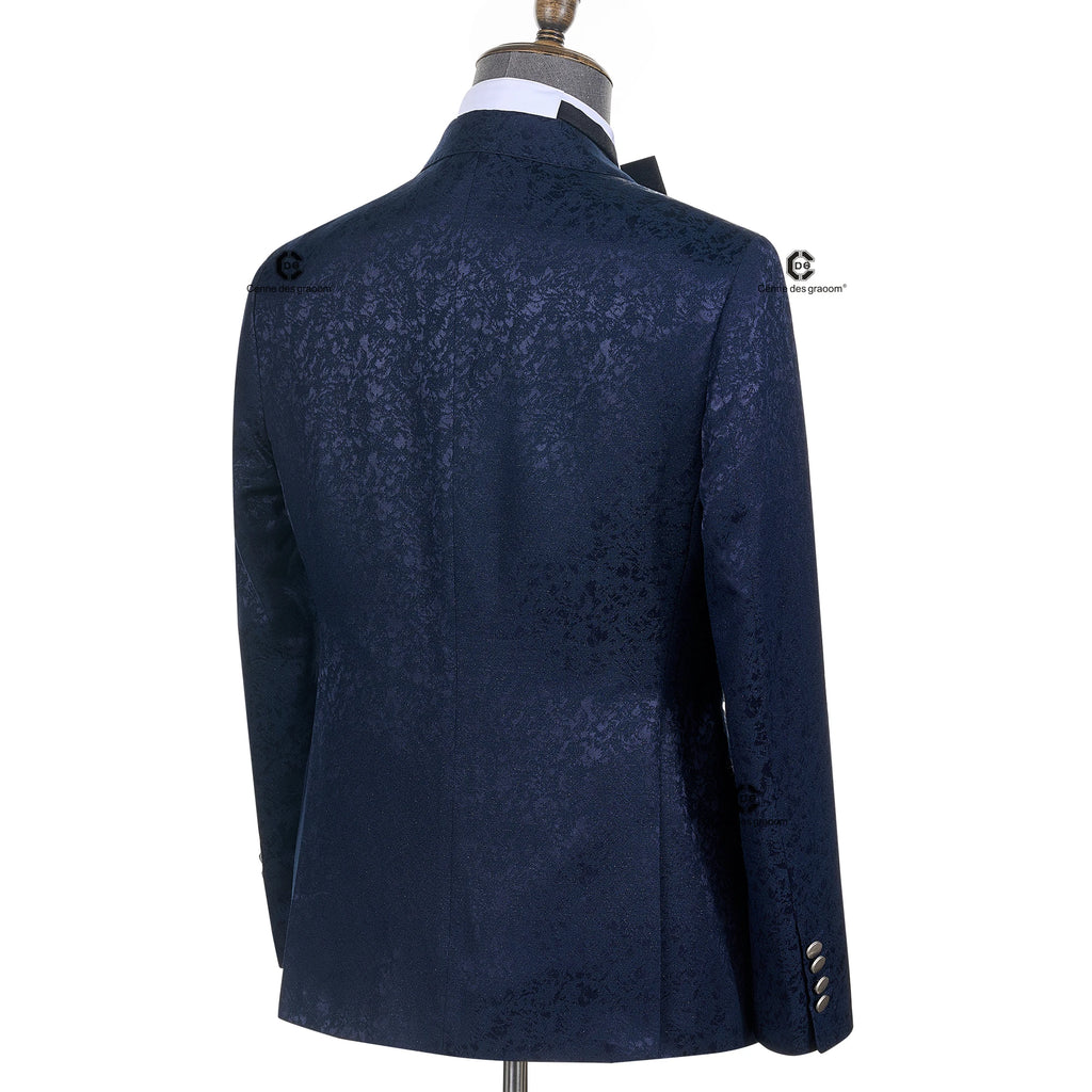 Cenne Des Graoom 2026 – Ensemble 2 pièces de smoking bleu élégant et luxueux en jacquard floral avec boucle latérale métallique pour mariage et cérémonie (garçons d'honneur)