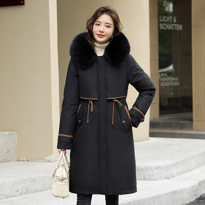 Parkas d'hiver doublés de coton coréen pour femmes, col en fausse fourrure, vestes à capuche, manteau rembourré en coton chaud, coupe-vent féminin, 2023