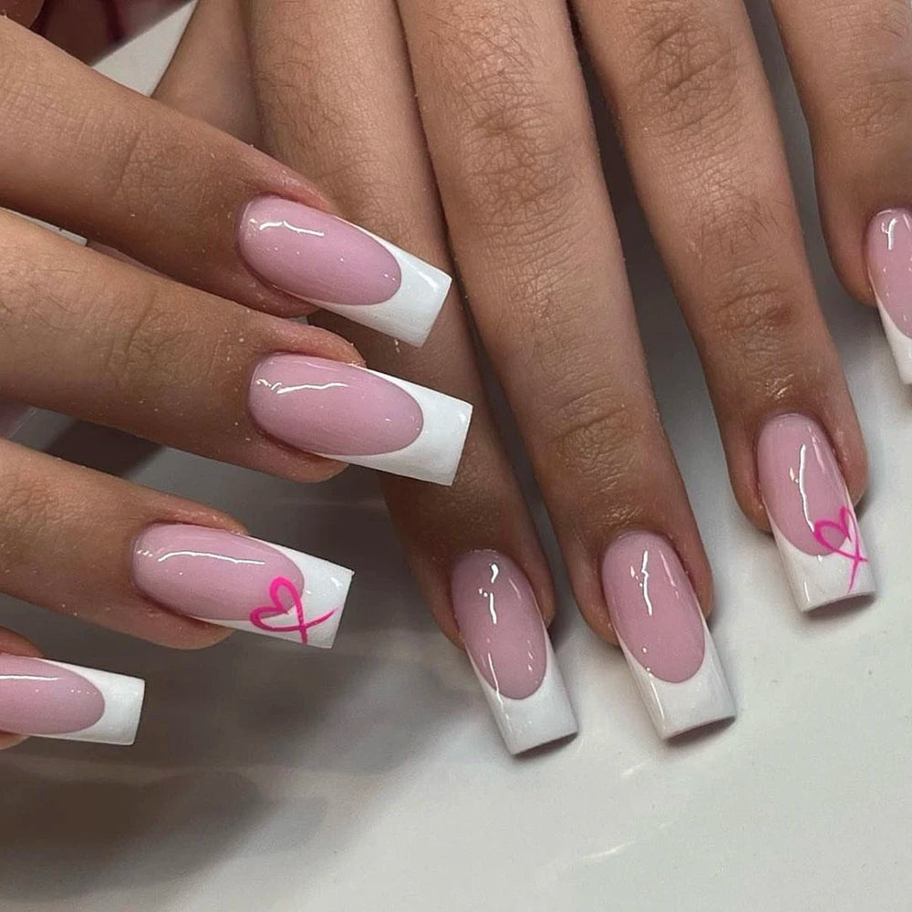 24 pièces/ensemble faux ongles carrés courts pour femmes mignon mariée coeur blanc français conseils faux ongles y2k presse sur faux ongles fournitures