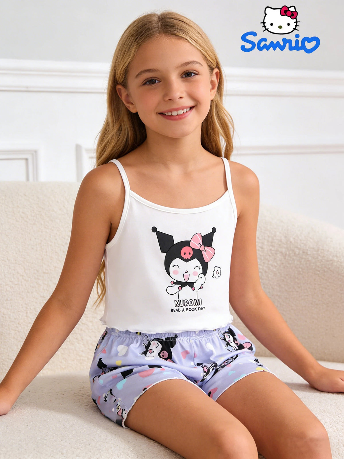 Ensemble short et débardeur Sanrio pour filles, édition été, ensemble deux pièces Kuromi, adapté aux vêtements d'été pour enfants à la maison