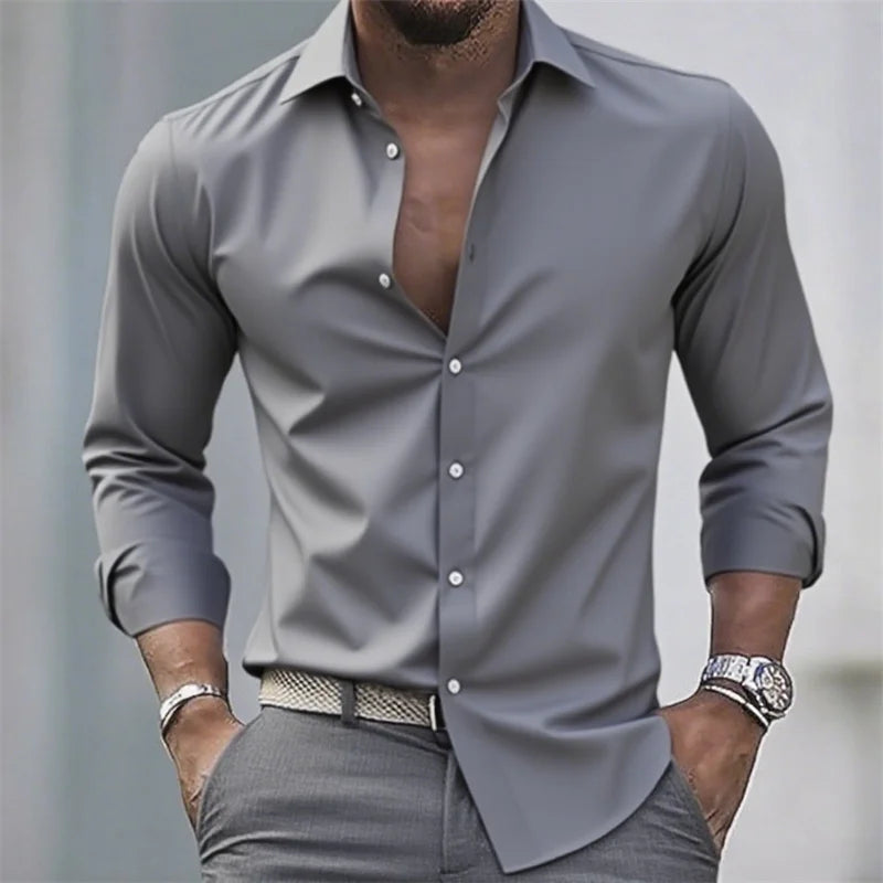Chemise blanche décontractée pour homme, couleur unie, tissu extensible à manches longues, chemise formelle pour affaires, tissu confortable