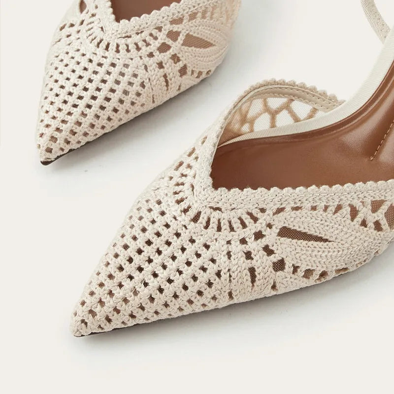 Sandales à talons hauts ajourées tissées pour femmes, sexy, à bout pointu, confortables et élégantes pour l'été