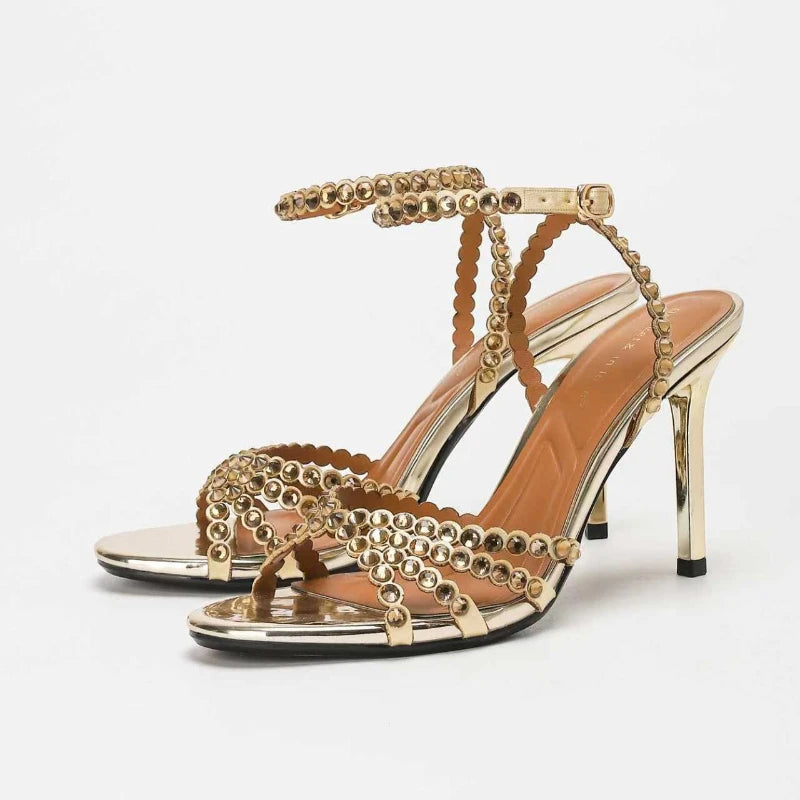 Sandales à talons hauts pour femmes, charmantes, avec strass transparents, chaussures de soirée, chaussures de mariage, chaussures à talons aiguilles, chaussures en cristal, chaussures de banquet, grandes tailles 34-42