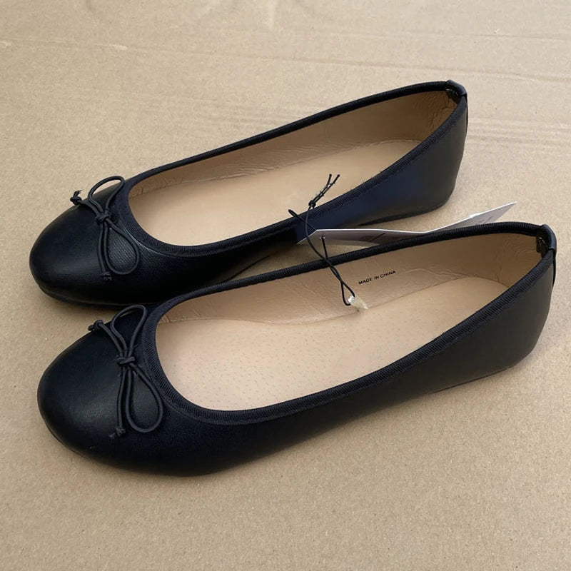 Ballerines élégantes à nœud papillon, chaussures classiques à bout rond, mocassins confortables à enfiler pour dames, Mules en cuir, printemps 2026