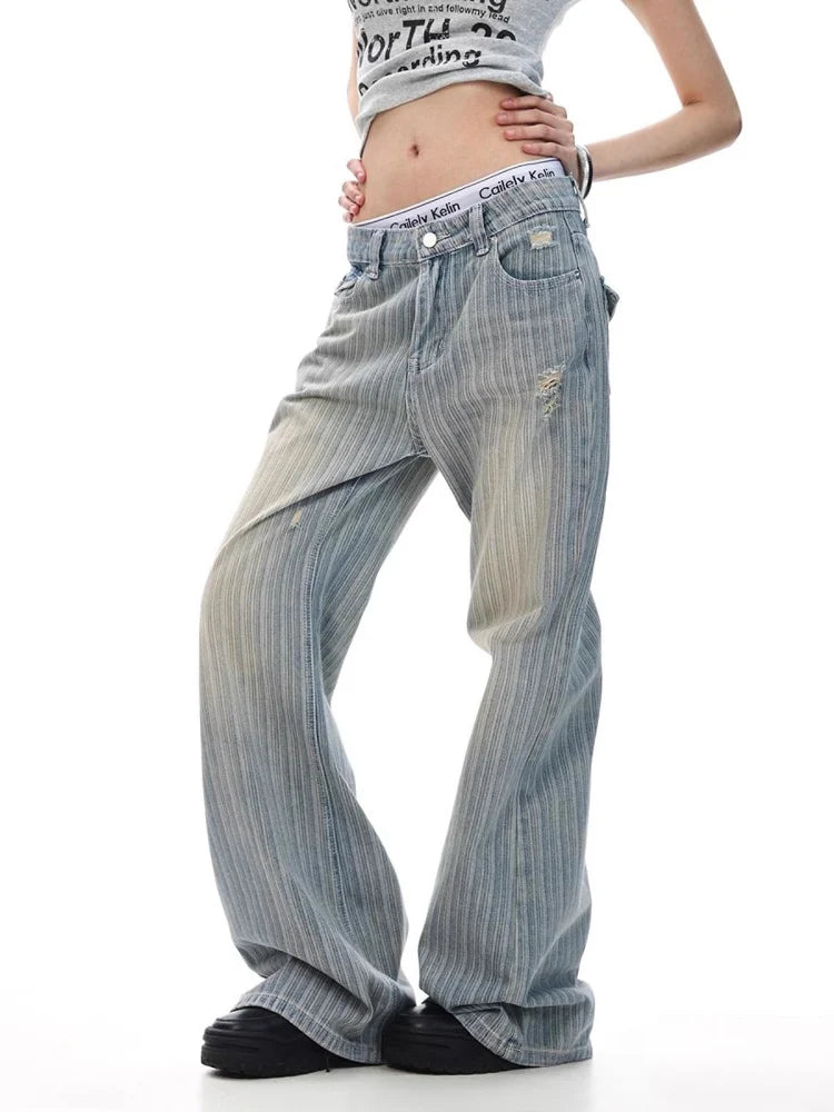Jean en Denim détresse rayé drapeau américain Vintage, coupe ample, pantalon Micro évasé pour hommes et femmes, Style décontracté