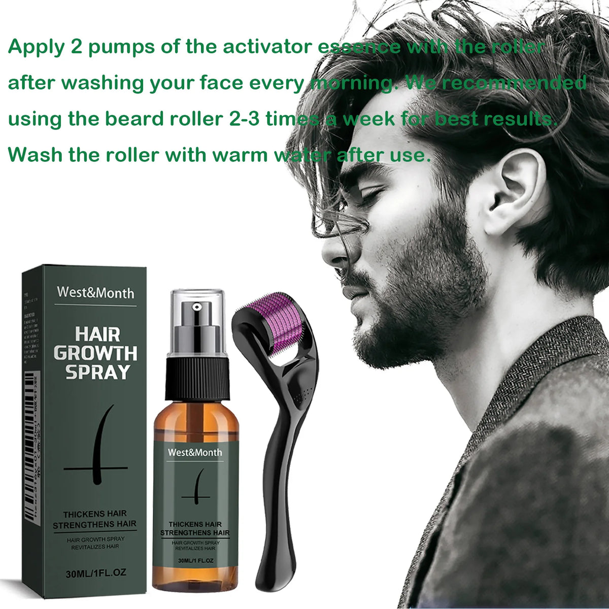 Kit de spray pour barbe homme avec micro-rouleau 0,25 mm, hydratant, épaississant, essence stimulante pour la barbe, spray nourrissant