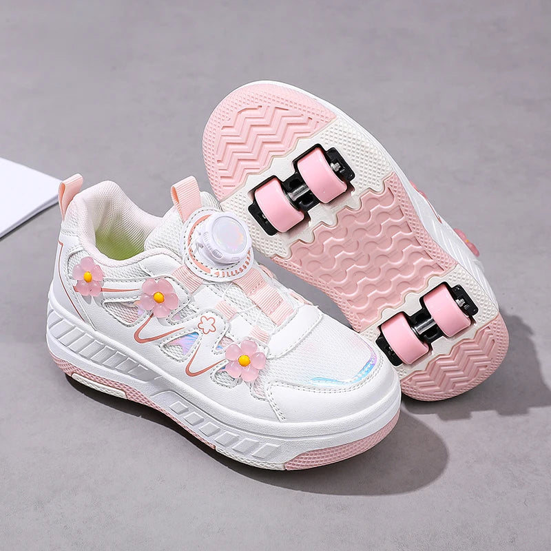 HeelysChildren petite fleur décorée quatre roues patins chaussures de sport respirant patins à roulettes filles chaussures cadeaux de vacances