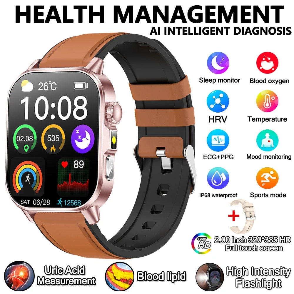 Montre connectée pour hommes et femmes, nouveau modèle d'analyse de la santé des acides uriques et des lipides, ECG + PPG, appel Bluetooth, lampe de poche 2026 pouces, 2.021
