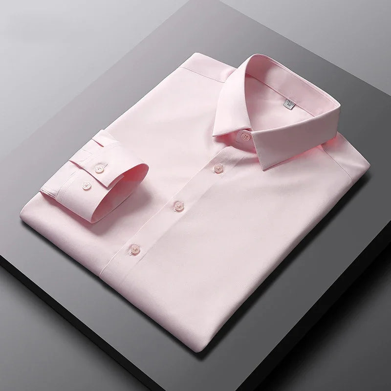 Chemise à manches longues pour hommes, couleur unie, décontractée et à la mode, haut d'affaires sans repassage et résistant aux rides