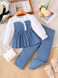 Ensemble deux pièces en Denim Patchwork pour filles, avec manches blanches, jupe bleue, haut et pantalon Long en Denim pour enfants, printemps-automne