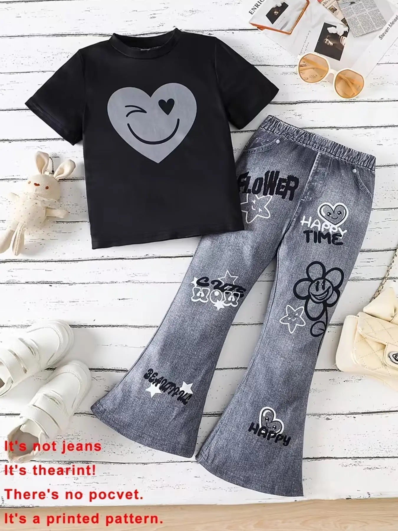 Tenue d'été décontractée pour filles : T-shirt avec imprimé cœur et visage souriant + pantalon évasé en faux denim avec graffiti « Happy Time », ensemble deux pièces adapté aux enfants de 4 à 12 ans, vêtements p