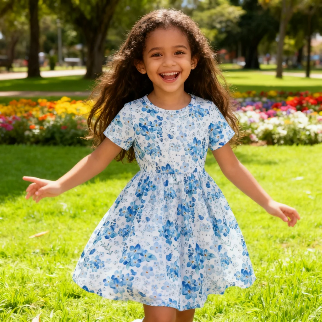 Robe à manches courtes pour filles, col rond, motif Floral bleu, vêtements pour enfants de 2 à 7 ans, tenue d'été décontractée