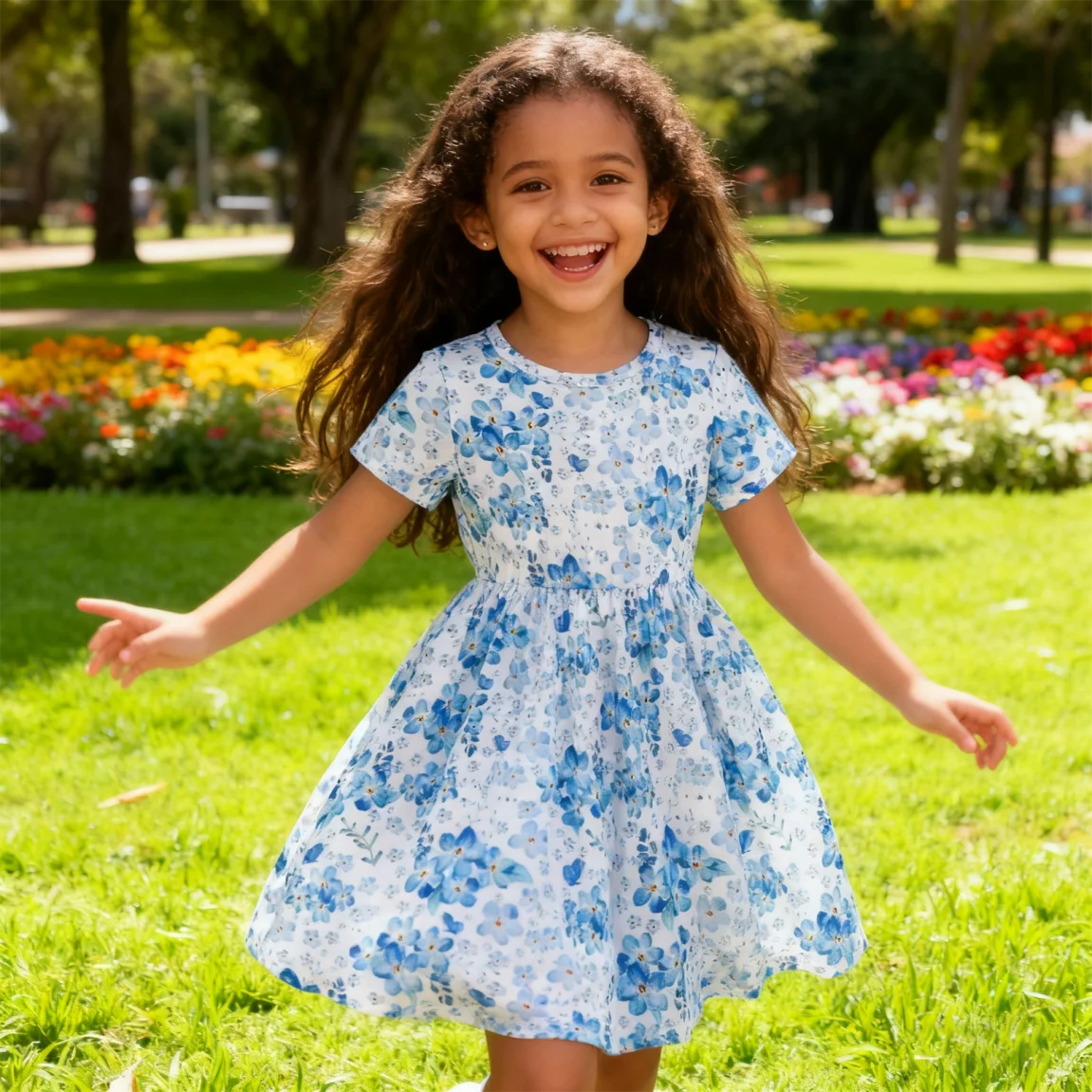 Robe à manches courtes pour filles, col rond, motif Floral bleu, vêtements pour enfants de 2 à 7 ans, tenue d'été décontractée