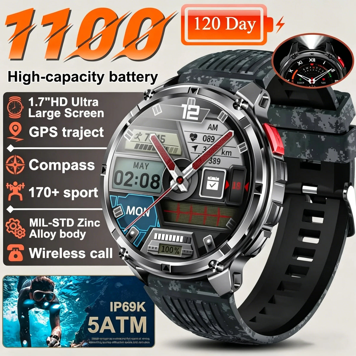 Nouvelle montre connectée T-REX3 Ultra avec batterie 1100mAh, étanche 10ATM, GPS, boussole, lampe de poche, écran AMOLED HD de 1,7 pouces, appels, montre connectée sport pour hommes