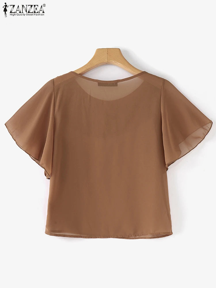 ZANZEA été femmes en mousseline de soie Blouse élégant à volants à manches courtes hauts chemise 2025 mode coréenne tunique décontractée Chic à volants ourlet Blusa