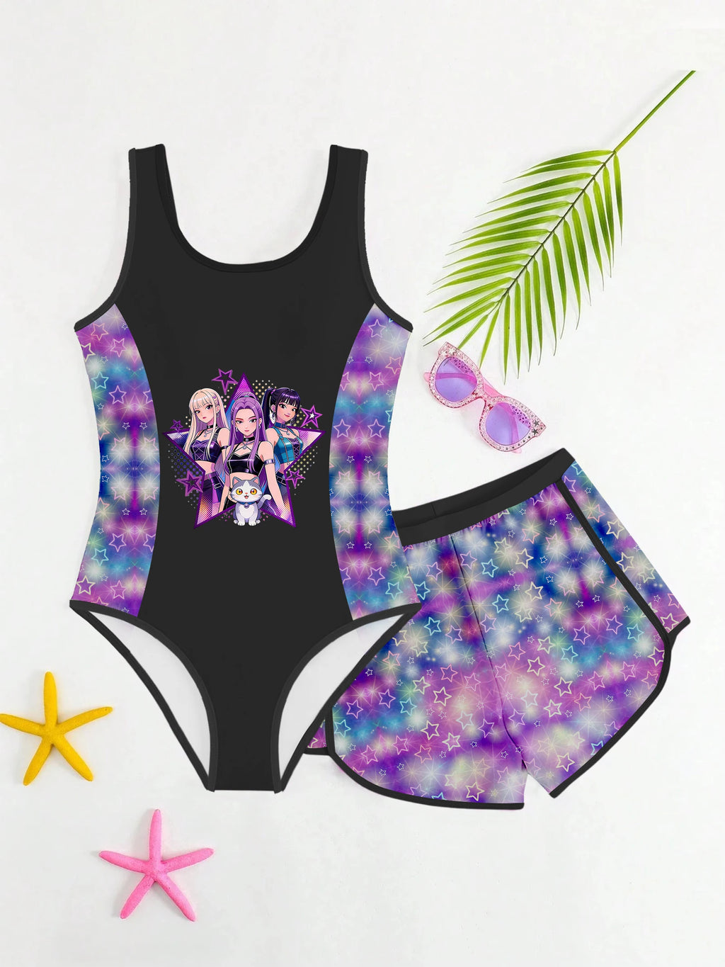 Maillot de bain deux pièces Sweet & Cool pour filles, dégradé rose et violet avec imprimé dessin animé, style débardeur avec short