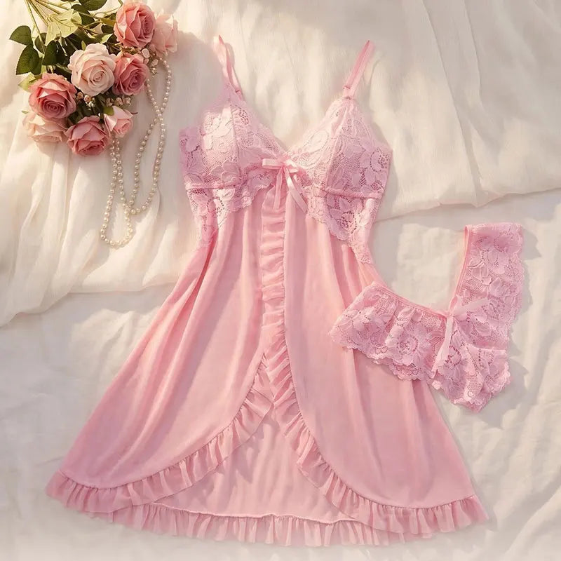 Ensemble de lingerie féminine S-2XL en dentelle, comprenant une nuisette à bretelles spaghetti et col en V, des culottes transparentes et un kit de pyjama intime