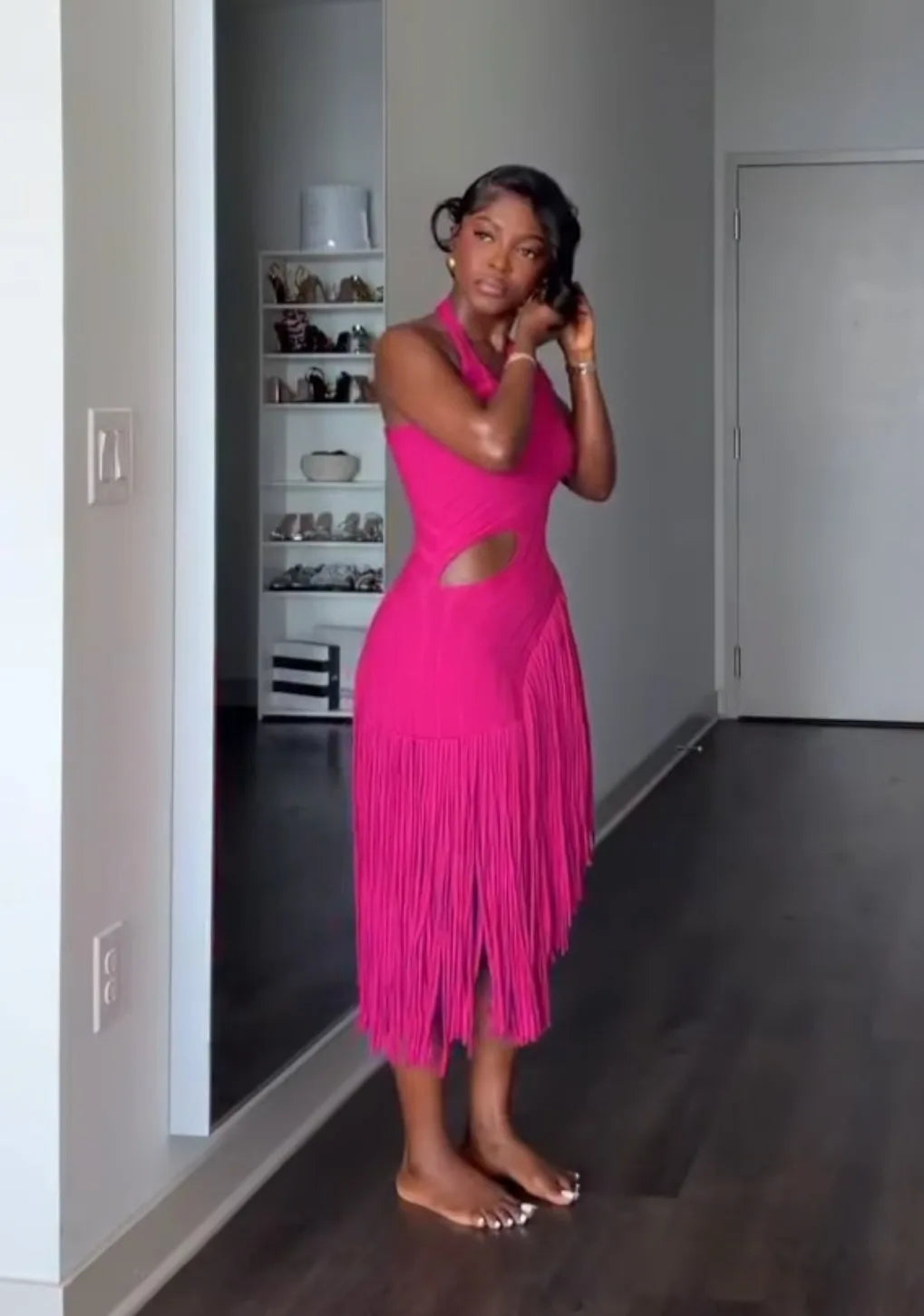 Robe Midi Asymétrique à Franges pour Femme Élégante, Été 2026, en Maille Côtelée Unie avec Découpes, Coupe Moulante, pour Soirée et Club
