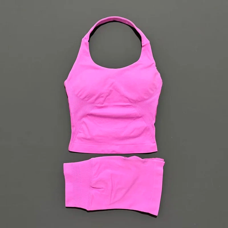 Ensemble de sport 2 pièces pour femme : débardeur long à bretelles rembourré et short de sport sans couture pour le yoga, le fitness et la course à pied