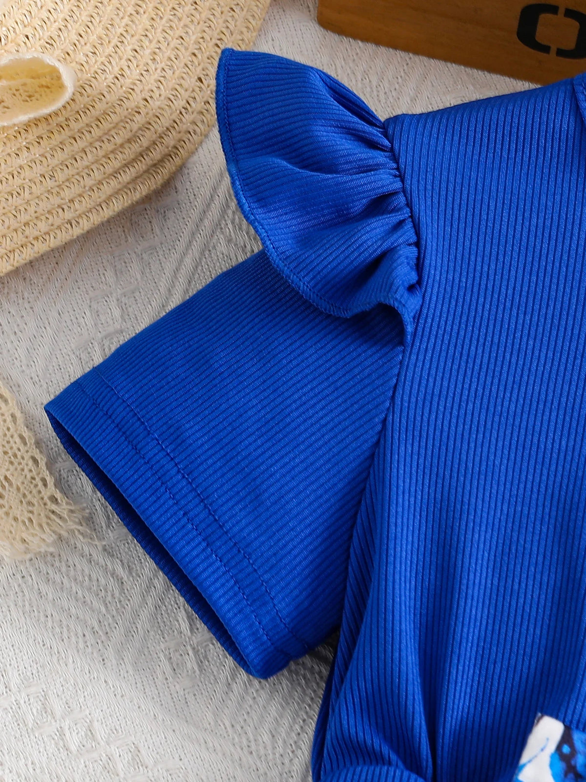 Ensemble 2 pièces pour filles, haut tricoté à manches volantes et col rond + pantalon décontracté imprimé Rose, nouvelle collection été