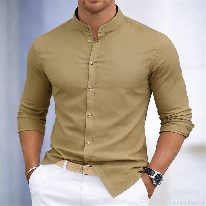 Chemise à manches longues pour homme, col montant, blanche ou noire, couleur unie, coupe ajustée, style business casual, tailles XS-6XL.