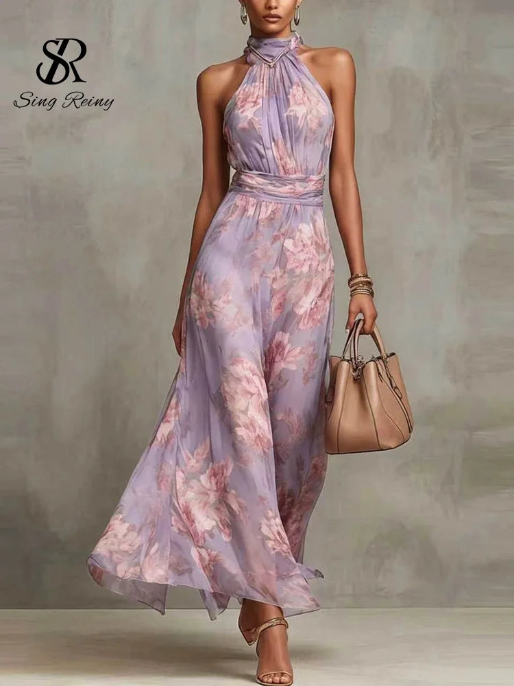 Robe longue élégante SINGREINY en mousseline de soie verte à motif floral, style licou, sans manches, coupe trapèze, tendance 2026, pour femme, idéale pour les invitées de mariage ou les soirées.