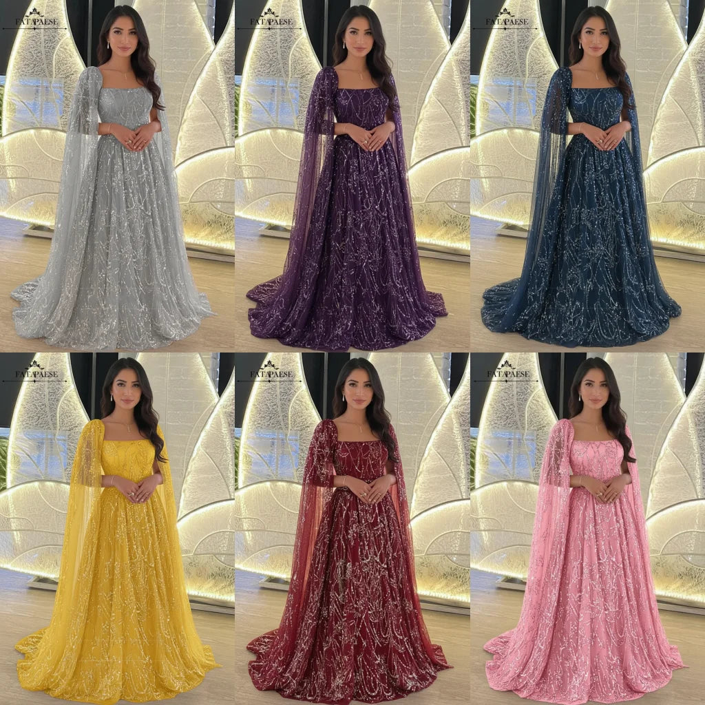 FATAPAESE luxe perles paillettes Cape robes de soirée Champagne une ligne Tulle robe d'invité de mariage pour arabe dubaï saoudien