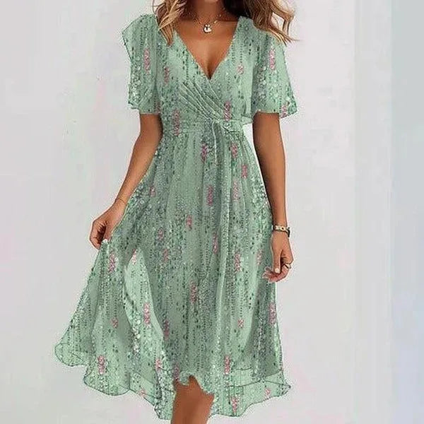 Robe de soirée bohème élégante à imprimé floral, col en V, manches courtes, longueur genou, Vestidos BKLFZ-1616