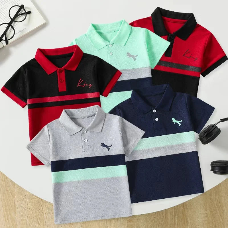 Ensemble de 1/2/3 pièces pour enfants, POLO rayé multicolore à manches courtes, haut décontracté à col boutonné pour garçon, T-shirt de sport polyvalent