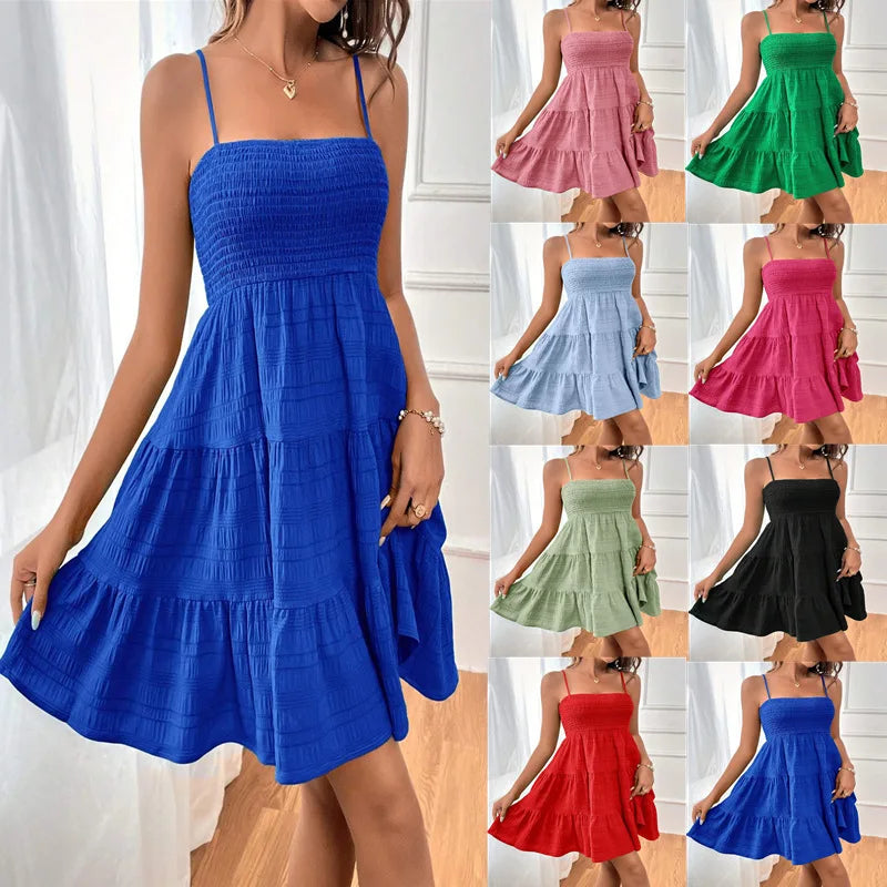 Mode femme Spaghetti sangle smocké Bustier Mini robe bleu à volants à plusieurs niveaux robe trapèze été décontracté vacances vêtements de plage