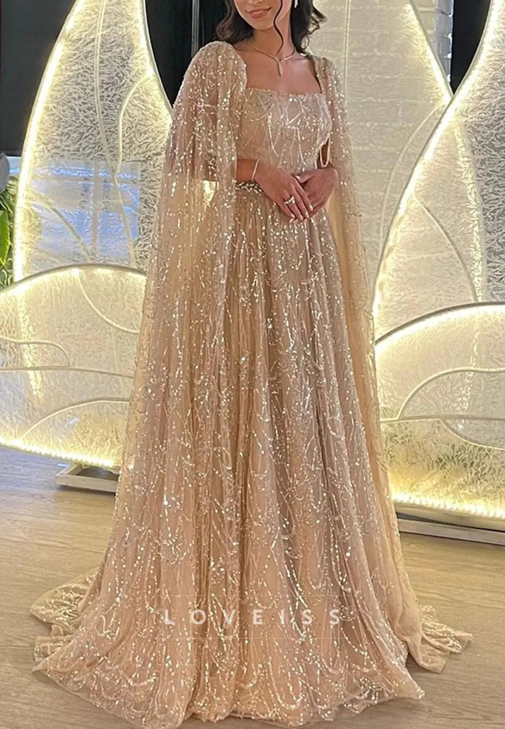FATAPAESE luxe perles paillettes Cape robes de soirée Champagne une ligne Tulle robe d'invité de mariage pour arabe dubaï saoudien