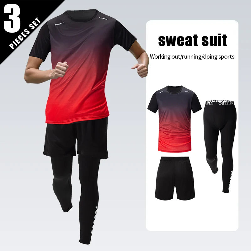 Combinaison de sport dégradée pour hommes, 3 pièces, séchage rapide, loisirs, sport, course à pied, manches courtes, pantalon de Protection solaire confortable, Short Joker