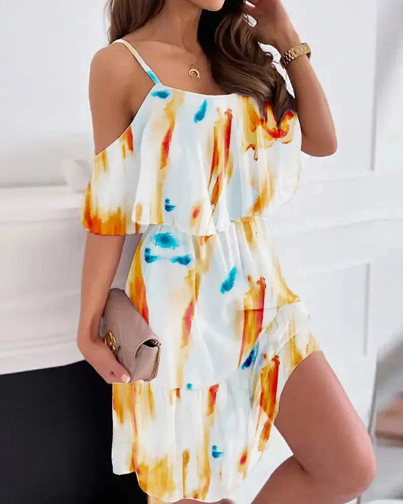 Femme robe 2025 été imprimé fleuri Sexy Spaghetti sangle hors épaule robe décontracté dames vacances plage Boho robes robes