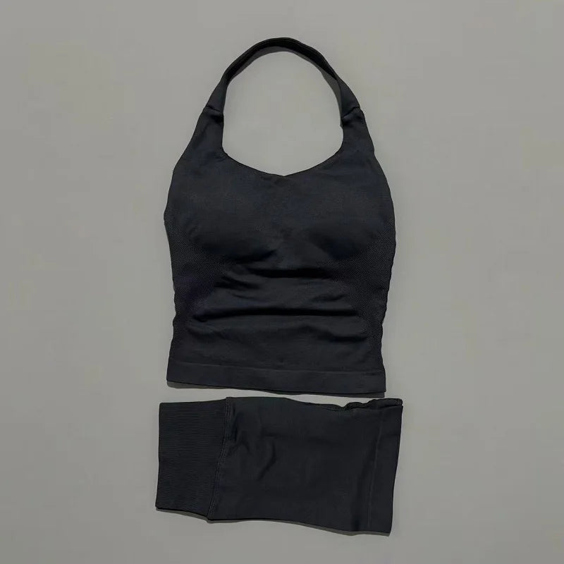 Ensemble de sport 2 pièces pour femme : débardeur long à bretelles rembourré et short de sport sans couture pour le yoga, le fitness et la course à pied
