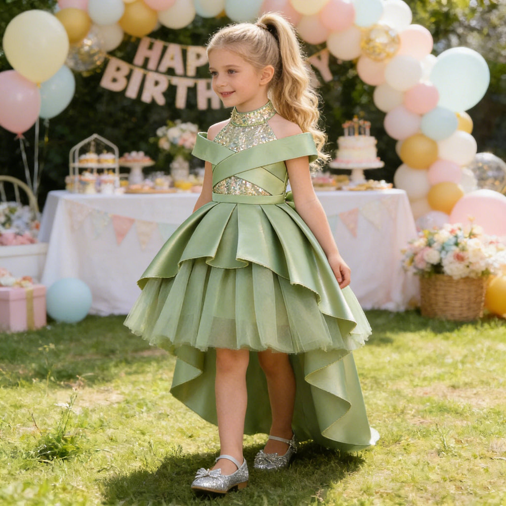 Robe de soirée élégante à sequins pour filles, avec traîne, pour mariage, demoiselles d'honneur, bal de promo, avec nœud, pour anniversaire, concours de beauté, vêtements pour enfants