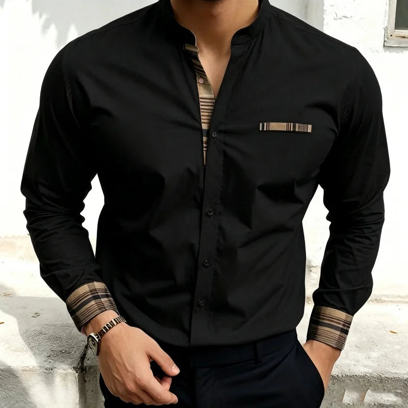 Chemise blanche à col montant pour homme, nouvelle collection, avec coutures à carreaux rétro, texture légère et luxueuse, haut à manches longues style business casual, tailles XS-6XL