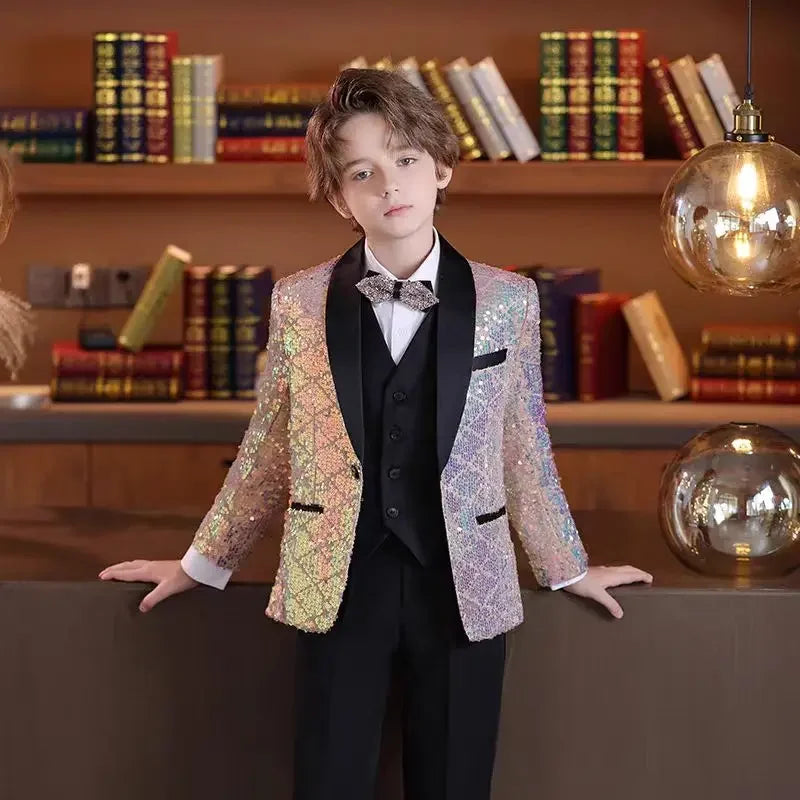 Ensemble de costume à paillettes pour garçons, costume de smoking formel pour mariage, veste, gilet, pantalon, 3 pièces, beau costume à fleurs pour enfant, pour spectacle de piano